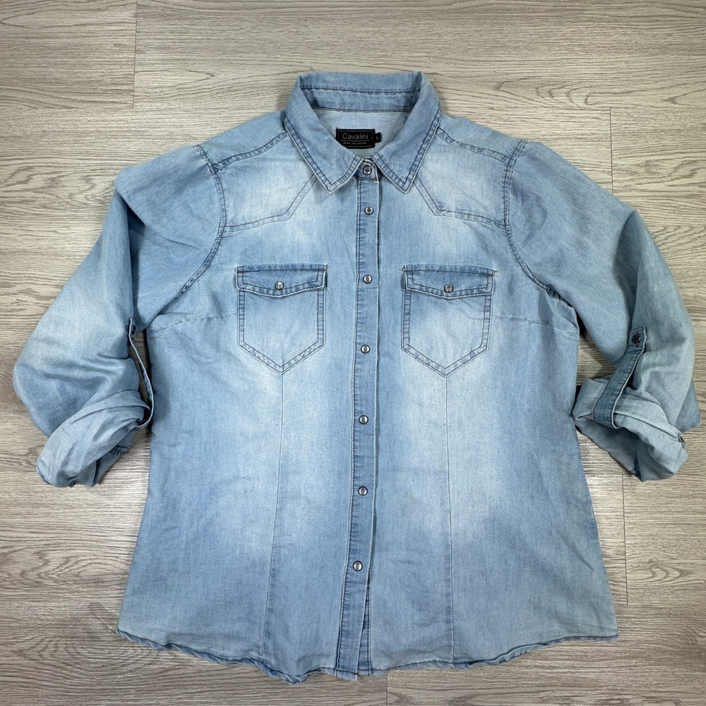 Cavalini Womens Denim Shirt Light Wash Large Western Snap Button Roll Tab Sleeve - Picture 1 of 7